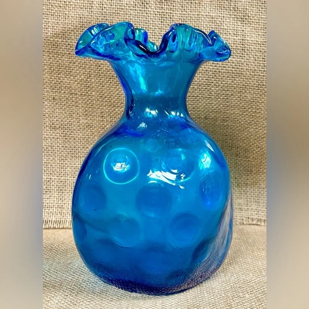 Bright Blue Hand Blown Glass Thumbprint Vase Ruffle Rim Ocean Coastal Fairy Core